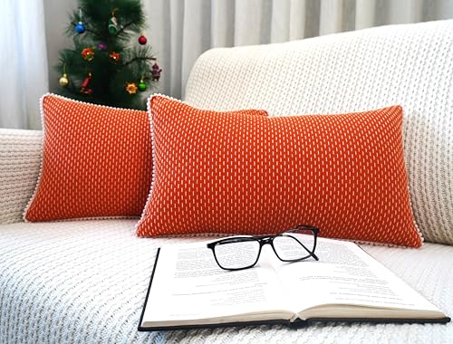 Image of mosey Rectangle Cushion Covers 12x18 | Set of 2 | 100% Cotton | Lumbar Cushion Covers | Retangular Cushion Covers 12 inch x 18 inch Orange