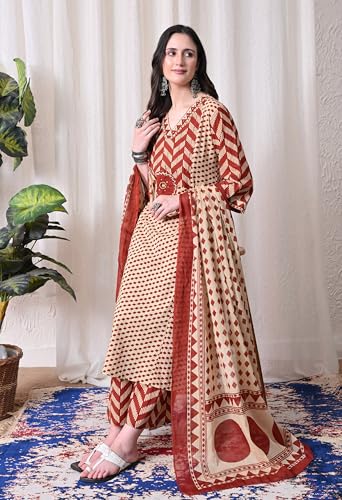 Image of MEERA FAB Women's Cotton Straight Kurta Set, Floral Print with Yoke, with Dupatta and Pants