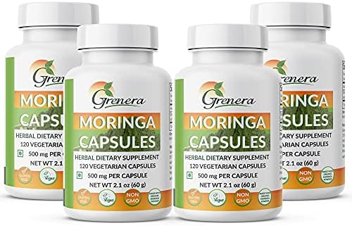 Grenera Moringa Capsules 500 mg - 120 Vegetarian Capsules per Bottle - Pack of 4