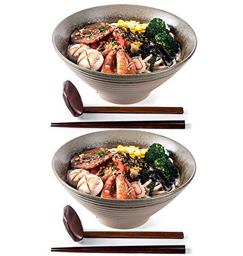 Image of NJCHARMS Ceramic Ramen Bowls set, Noodles Soup Bowls, 2 Sets (6 Piece) 60 Ounce, Large Japanese Ceramic Ramen Bowl with Spoons and Chopsticks for Salad, Udon Pho Asian Noodles, Imitation pottery