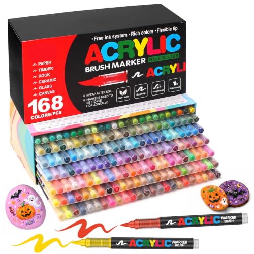 Image of Amamao - 168 Colors Acrylic Paint Markers with Soft Brush Tip for Wood, Stone, Canvas, Glass, Fabric, Egg, Stone Painting and Crafts