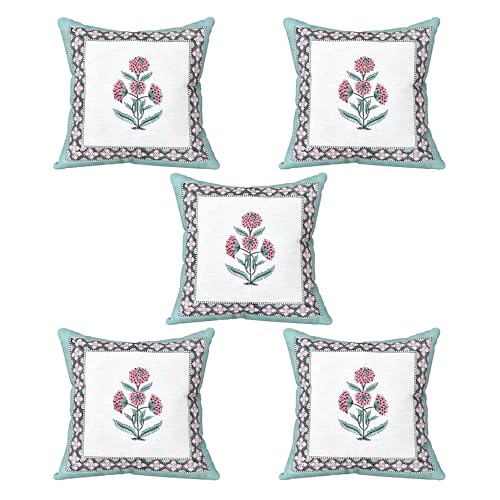 Image of BLOCKS OF INDIA Hand Block Printed Cotton Linen Cushion Cover (16 x 16 inches) (SEA Green Motifs)