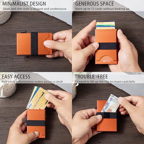 Image of Card Holder Wallets for Men | Slim Aluminum Wallet | RFID Blocking Minimalist Metal Pop Up Wallet | Money Clip & Cash Band | Expandable Compact Plate | Men's Accessories & Gifts for Men,Orange