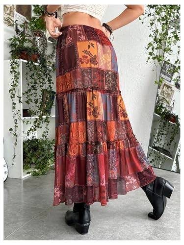 Verdusa Women's Hippie Tie Knot Elastic High Waisted Boho Ruffle Flowy Long Maxi Skirts Multicolor Small2