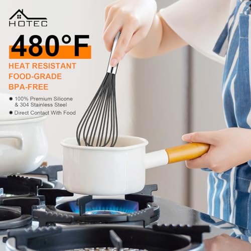 Image of HOTEC 4 Pieces Silicone Whisks Set, Wire Balloon Whisks for cooking Egg Beater, Non-slip Handle Whisk for Non-stick Cookware Perfect for Cooking, Stirring, Beating and Blending,Black