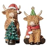 RM ROOMERS Christmas Highland Cow Decor Resin Highland Cow Figurines with Santa Hat Scarf & Tree for Tabletop Shelf Mantel Home Christmas Decoration (Set of 2, 5.39' & 4.48”H)