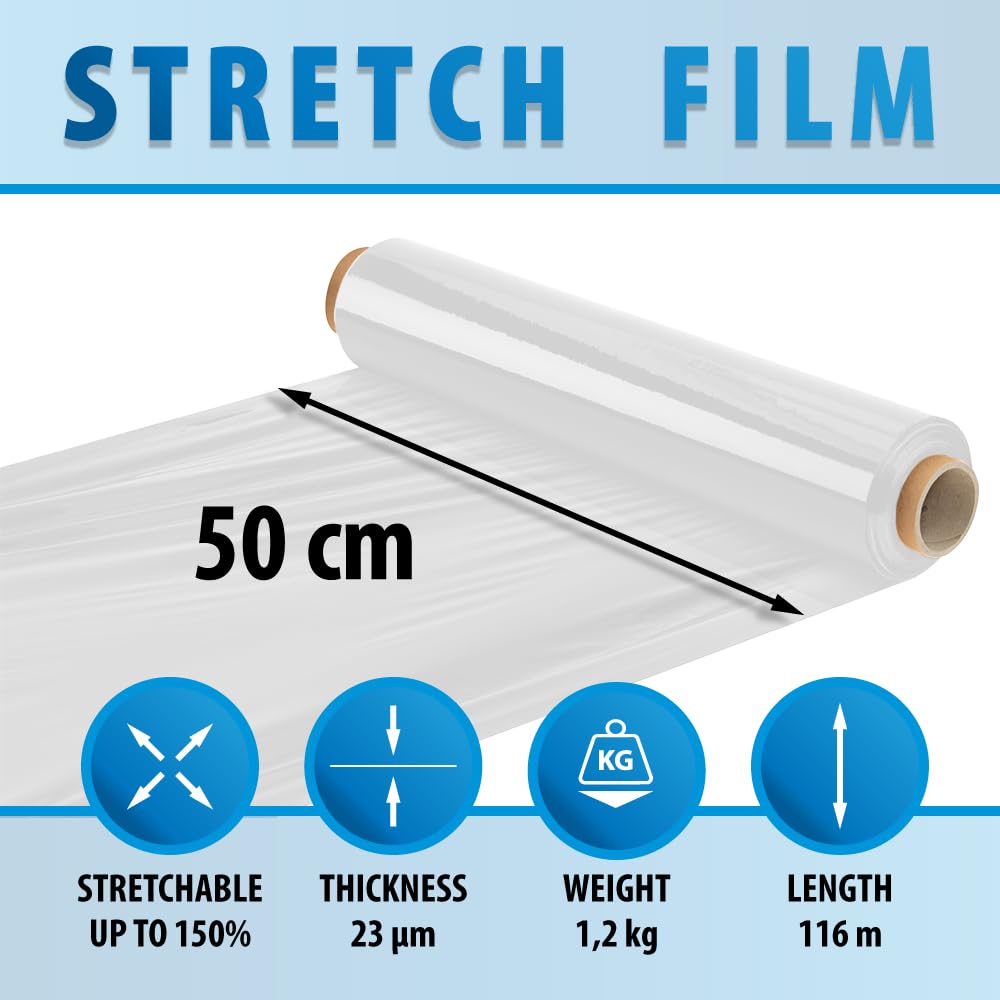 Film étirable Transparent 50 Cm De Large – Rouleau 165 M, 1.7 Kg, 23 Microns – Idéal Pour Déménagement Et Emballage Manuel