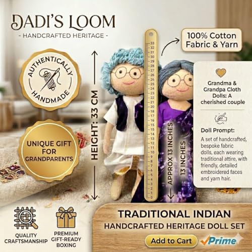 Image of Violet Grand Parents Handcrafted Indian Rag Doll Set, Soft Cotton Fabric & Yarn Hair Traditional South Indian Cloth Dolls, Handmade Fabric Dolls for Decor & Gift (Set of 2)