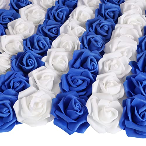 Insunsix 100Pcs Royal Blue Artificial Rose Flower Heads, 3Inch White Foam Roses Bulk Stemless Fake Flower Heads For Diy Crafts,Cake Decoration Wedding,Baby Shower Flower Centerpieces(Blue &White) #TOP26