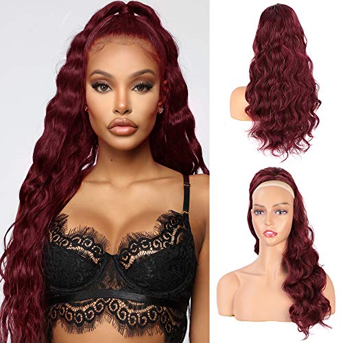 Earfodo Long Wavy Ponytail Extensions for Women Drawstring Red Ponytail Extension Synthetic Clip in Hairpiece for Party Use 24 Inch