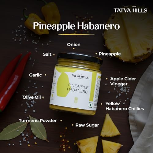 Image of TatvaHills Superfoods Pineapple Habanero Hot Sauce | Tropical Sweet Heat with Real Pineapple and Yellow Habanero | No Preservatives, Small Batch | 170g