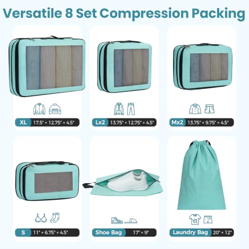 Image of BAGAIL Compression Packing Cubes for Travel Essentials, 8 Set-Mint | Tear‑Resistant Fabric, Space‑Saving, Visible Mesh Panel, Vibrant Color Choices, Travel, Camping & Cruise, Home Storage