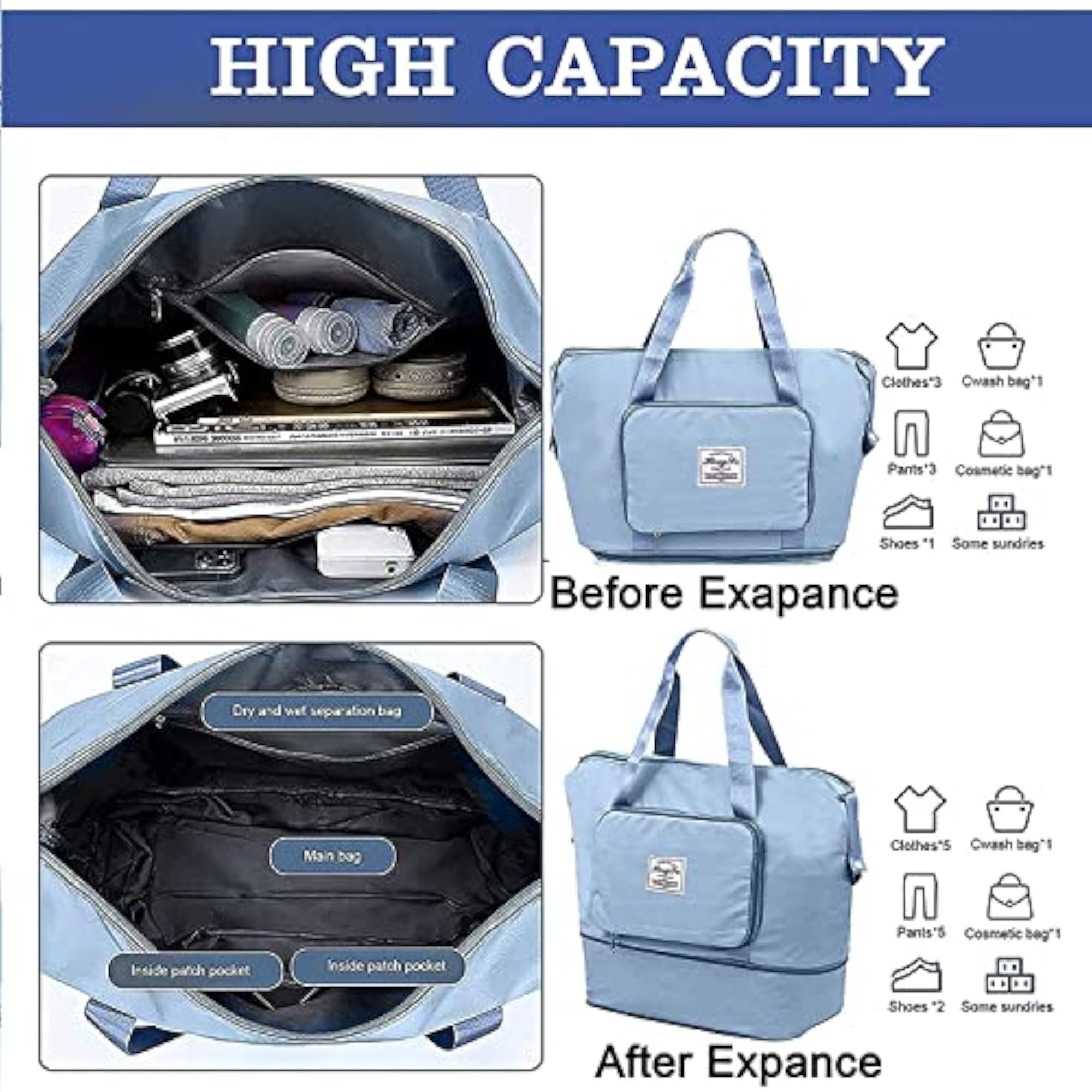 Women's Lightweight Waterproof Nylon Travel Duffel Bag, 40 cm