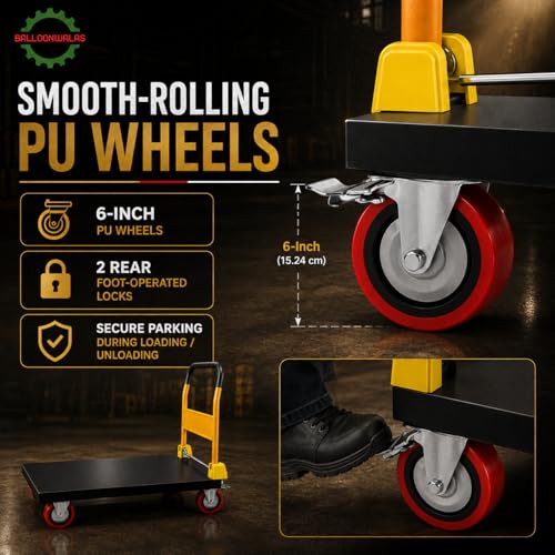 Image of Heavy-Duty Platform Trolley 650 KG, 37 x 25 Inch Steel Deck Platform Truck with Foldable Handle, Lockable 6 Inch PU Wheels for Warehouse, Factory & Industrial Use