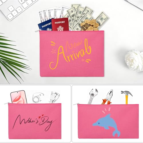 Image of 12 Pieces Cotton Canvas Makeup Bag, Multipurpose Cosmetic Bag with Zipper Travel Toiletry Pouch, Blank DIY Craft Bag (Hot Pink, M)