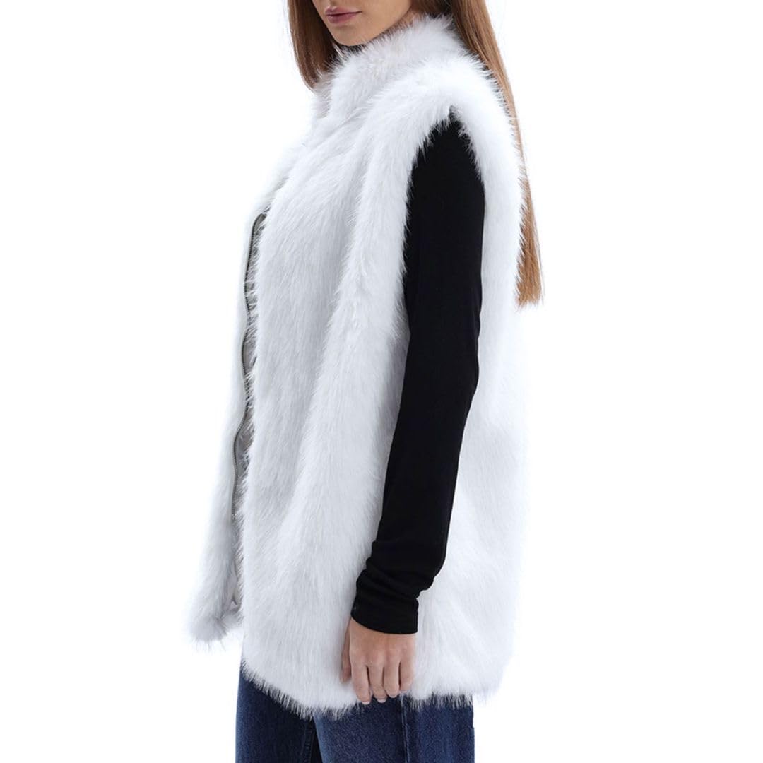 Amazhiyu Gilet da donna in pelliccia sintetica con cerniera e colletto alla coreana, senza maniche, con tasca