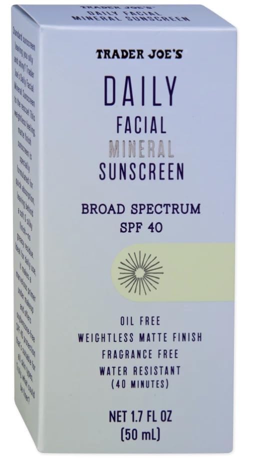 Trader Joe’s Daily Facial Mineral Sunscreen Broad Spectrum SPF 40 Oil Free Clear Color Gel Formula Fragrance Free Water Sweat Resistant, 1.70 Fl Oz