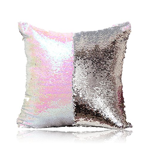 HomeLava 2er Set Pailletten Kissen Glitzer Pailletten Kissenbezug Startseite Schlafzimmer Sofakissen Kissenabdeckung 40x40cm,Weiß + Silber