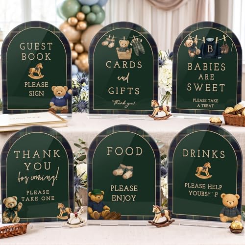 Image of Vercraft 6 Pcs Luxury Equestrian Bear Baby Shower Table Decor | 6 x 8 inch Green Blue Tartan Plaid Acrylic Signs, Take One Thank You Centerpieces, Gender Reveal Party Decor