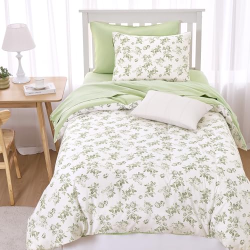 Image of Wake In Cloud - Cottagecore Comforter Set, Floral Vintage Flower Shabby Chic Coquette Aesthetic for Women Teen Girls, Soft Lightweight Dorm Bedding, 3 Pieces, Sage Green, Twin /Twin XL Size