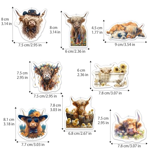 Image of Highland Cow Car Air Freshener (8Pack Fresh Ice Scent) Cute Animal Ornament Decor Accessories Gifts for Car Interior Hanging Rearview Pendant Home Office Supplies