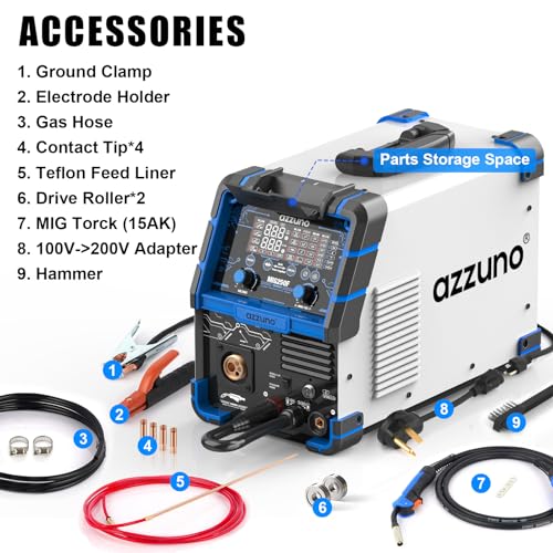 Azzuno A-2 Aluminum 250Amp Mig Welder,6 In 1 Gas Mig/Gasless Flux Core/Stick/Lift Tig/Spot Welding/Spool Gun Compatible Welding Machine 110V/220V Large Led Display Multi Process Welder thumb #6