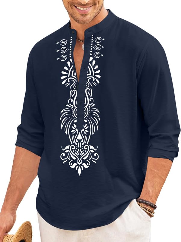 Men’s Cotton Blend Short Kurta with Bold Printed Front Design | Full Sleeve Ethnic Casual Kurta with Mandarin Collar | Artistic Festival & Travel Wear for Modern Ethnic Style