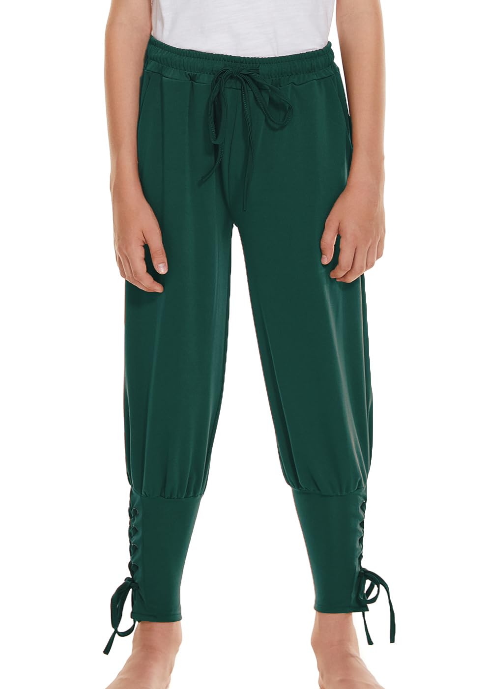 Medieval Ankle Banded Pirate Pants for Boys, Kids Renaissance Viking Pirate Costume, Halloween Cosplay Gothic Striped Pants Trousers (10-12 Years, Green)