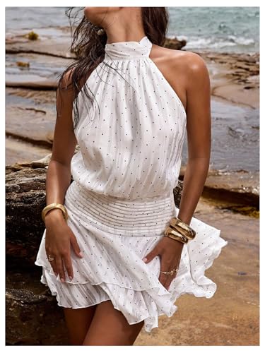 Image of Floerns Women's Summer Mini Dress Sleeveless Halter Backless Ruched Date Night Layered A Line Dresses
