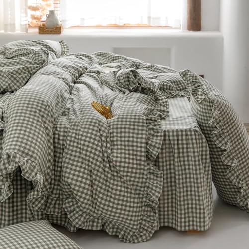 Image of mixinni Green Ruffle Duvet Cover King Size 3 Pieces - 100% Washed Cotton, Vintage Plaid Ruffled Bedding Set with Zipper Ties, Soft Checkered Grid Farmhouse Chic Comforter Cover Set