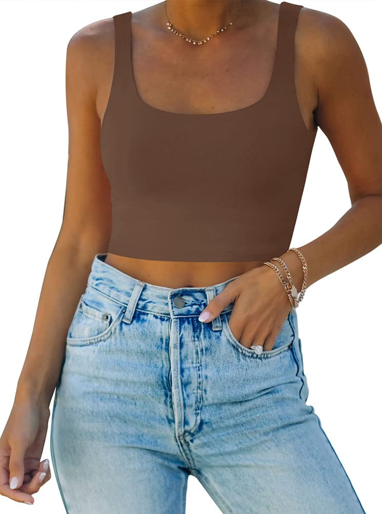 REORIA Damen Sexy U-Ausschnitt Verstellbare Spaghettiträger Doppelt gefüttert Nahtlose Camisole Tank Yoga Crop Tops