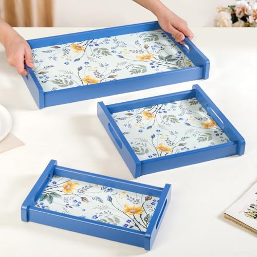 Image of Nestasia Wooden Serving Trays Set of 3 Different Sizes | Nested Design with Floral Print, Easy-Grip Handles, and Non-Slip Base | Ideal for Seving Snacks, Beverages, Desserts, Coffee, Breakfast