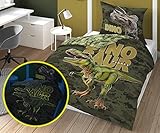 Carpe Sonno Kinderbettwäsche 135x200 cm - Leuchtet im Dunkeln - T-Rex Dino Leuchtende Kinder Bettwäsche Jungen - Baumwolle Kinder-Bettwäsche Set 2tlg mit Kissenbezug 80x80 cm Bettbezug grau