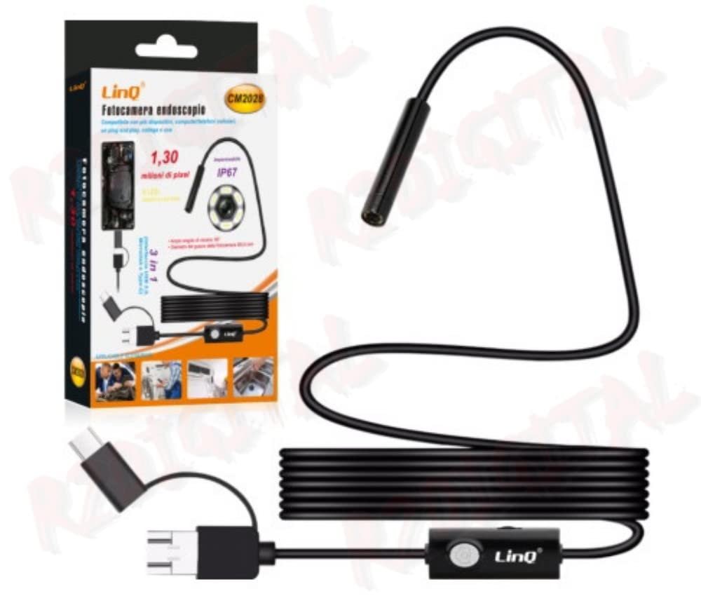 TELECAMERA 3 in 1 FLESSIBILE 2 Metri SERPENTINA ENDOSCOPIO con LED FOTOCAMERA VIDEOCAMERA ISPEZIONE CONTROLLO DIAGNOSTICA IMPERMEABILE IP67