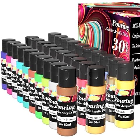 Metallic Acrylic Pouring Paint, Set of 30 Metallic Colors Fluid acrylic paint, Pre-Mixed High Flow & Ready to Pour(30x 2 oz./ 60 ml), Pouring Painting Supplies for Easter Decorations, Canvas & Paper, Rocks, Wood, and More Cover