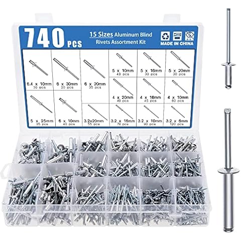 KEESIN 740 PCS Blind Rivets 6.4mm/6mm/5mm/4mm/3.2mm Aluminum Blind Rivets Dome Head Rivet Open End Pop Rivets Core Pulling Rivets for Furniture Machinery Electrical appliances Cover