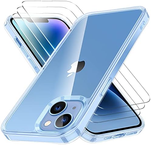 Huness [4 in 1 Designed for iPhone 14 Case/iPhone 13 Case, with 3 Pack Tempered Glass Screen Protector [Non-Yellowing ] [Military Drop Protection] Shockproof Slim Fit 6.1 Inch, Clear