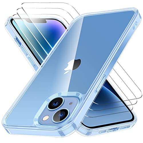 Huness [4 In 1 Designed For Iphone 14 Case/Iphone 13 Case, With 3 Pack Tempered Glass Screen Protector [Non-Yellowing ] [Military Drop Protection] Shockproof Slim Fit 6.1 Inch, Clear #TOP22