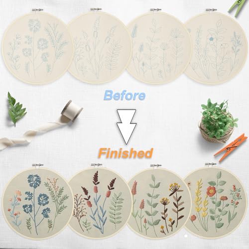 Image of Bonroy 4 Sets Embroidery Kit for Beginners,Embroidery Kit for Art Craft Handy Sewing Include Embroidery Clothes with Pattern,Embroidery Hoops, Instructions,Color Threads Needle Kit (Multi 5)