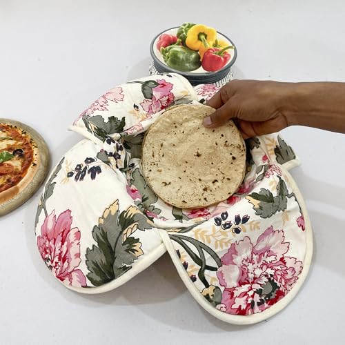 Image of Swayam 100% Cotton Cloth Roti Casserole | Hot Chapati Box | Washable Bread Basket | 22 cm Round Roti Basket | Floral Design - Cream & Pink