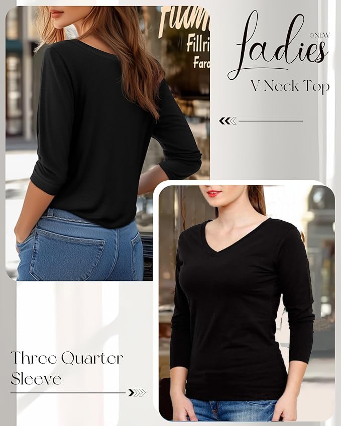 Image of Women's 3 /4 Sleeves Regular Fit V-Neck Cotton T-Shirt
