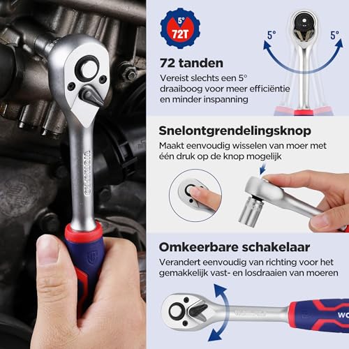 WORKPRO 3/8 inch dopsleutel- en ratelset, 14-delig, inclusief 12 korte en bitsteeksleutels, 72-tands ratel met magnetische steekrailhouder, voor thuisreparaties - Afbeelding 4