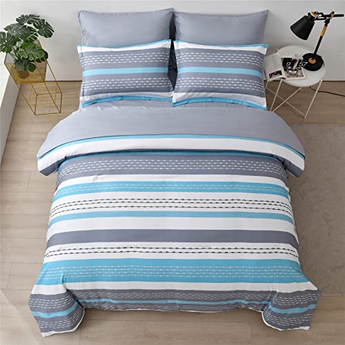 Kakijumn 7 Piece Bed In A Bag Striped Comforter Set Queen Size, White Grey Blue Patchwork Stripe Comforter And Sheet Set, All Season Soft Microfiber Complete Bedding Sets(Blue White,Queen) #TOP2