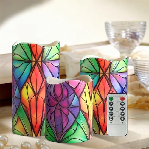 Image of Remote Flameless Candles-Set of 3 Stained Glass LED Pillar Candles Battery Operated Candle with Timer, 4 inch 5 inch 6 inch for Home Window Shelf Decor