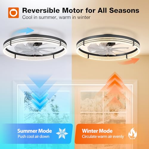 Image of addlon Ceiling Fans with Lights and Remote, 24'' Low Profile Ceiling Fans, 3000-6000K Dimmable Modern Flush Mount LED Fan Light, Fandelier Ceiling Fan for Bedroom, Kitchen, Living Room, Black