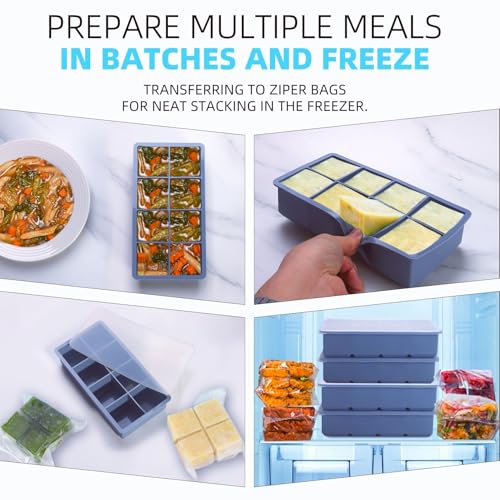 Image of 1 /2 Cup Silicone Freezer Tray With Lid - Silicone Freezer Molds 4-Pack For meal prep & freezing of various sauces and other dishes, makes 32 perfect 1 /2 cup portions cubes (Blue 4 Pack)