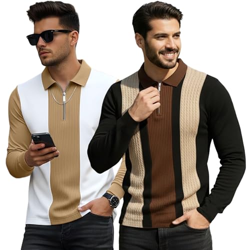 Image of T-Shirt for Men Zip Neck Texture Self Design Cotton Blend Mens Tshirts