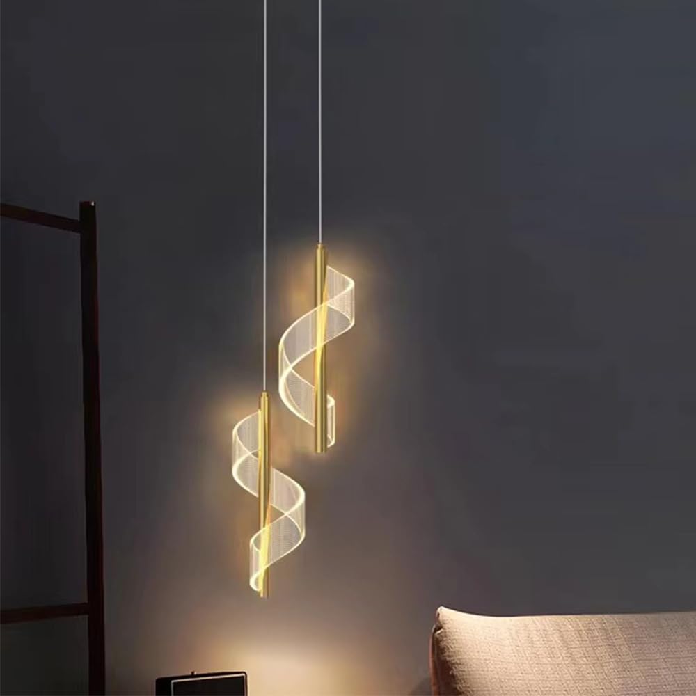8W LED Hanging Lamp Bedside Bedroom Pendant Light, Nordic Modern Long Lines Pendant Lights for Living Room Hotel Counter Dining Table,Adjustable three colours 3000k/4500k/6000k (Gold, Double)