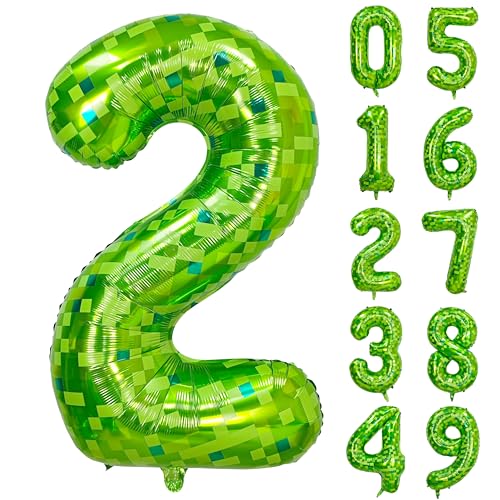 Image of 40 inch giant Green pixel miner game number 2 balloon | Large mining theme foil balloon 0-9 for pixel game parties children's birthdays party anniversary baby shower decoration