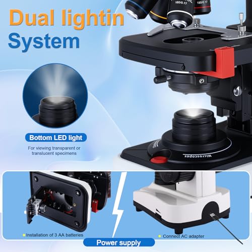Image of 40X-2500X Binocular Microscope, WF10x and WF25x Eyepieces, LED Illumination, with Specimen Handpiece Holder, for Beginners, Microscope for Adults
